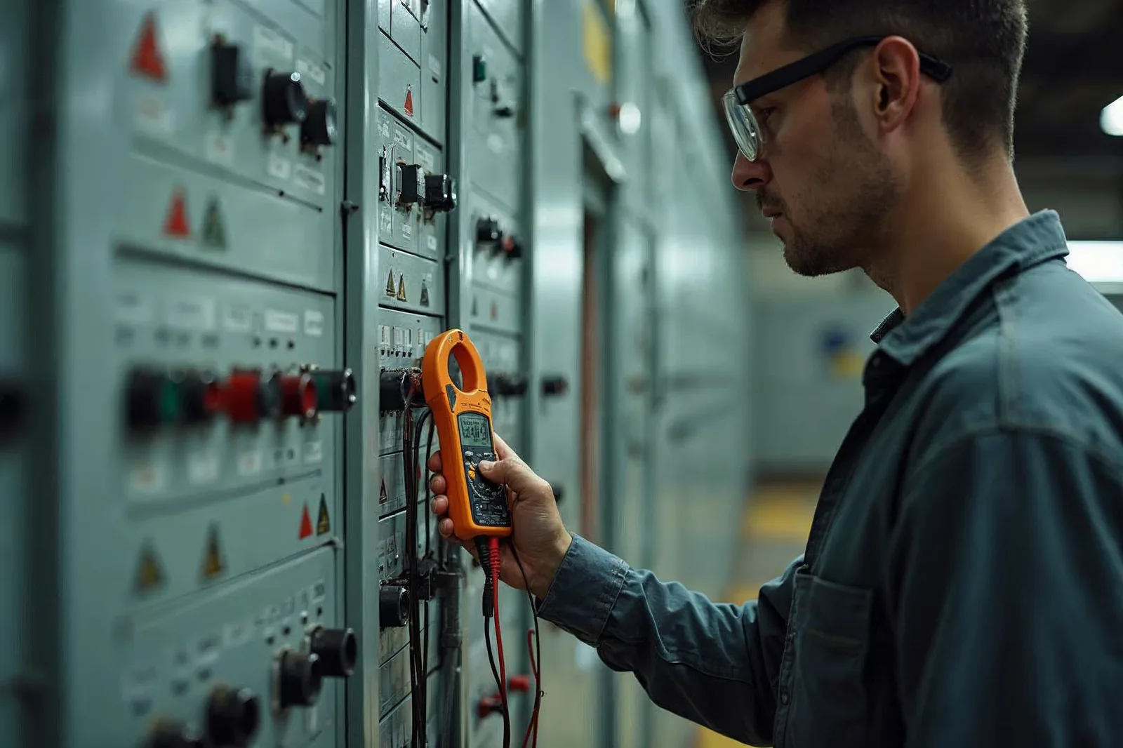 Técnico de manutenção mede o consumo com alicate amperímetro no quadro elétrico da fábrica