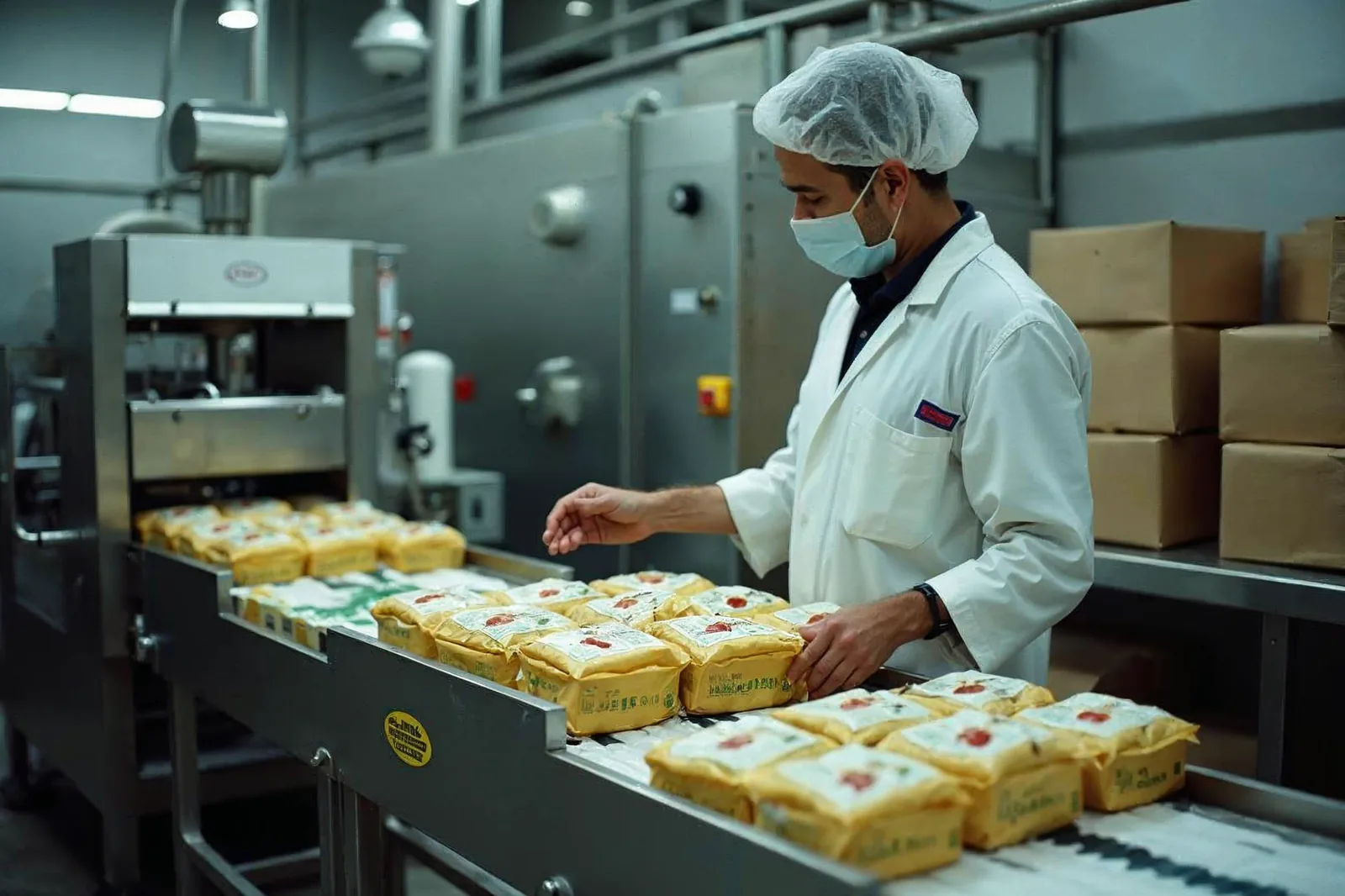 Supervisora de qualidade inspeciona embalagens seladas na linha de envase da indústria de alimentos