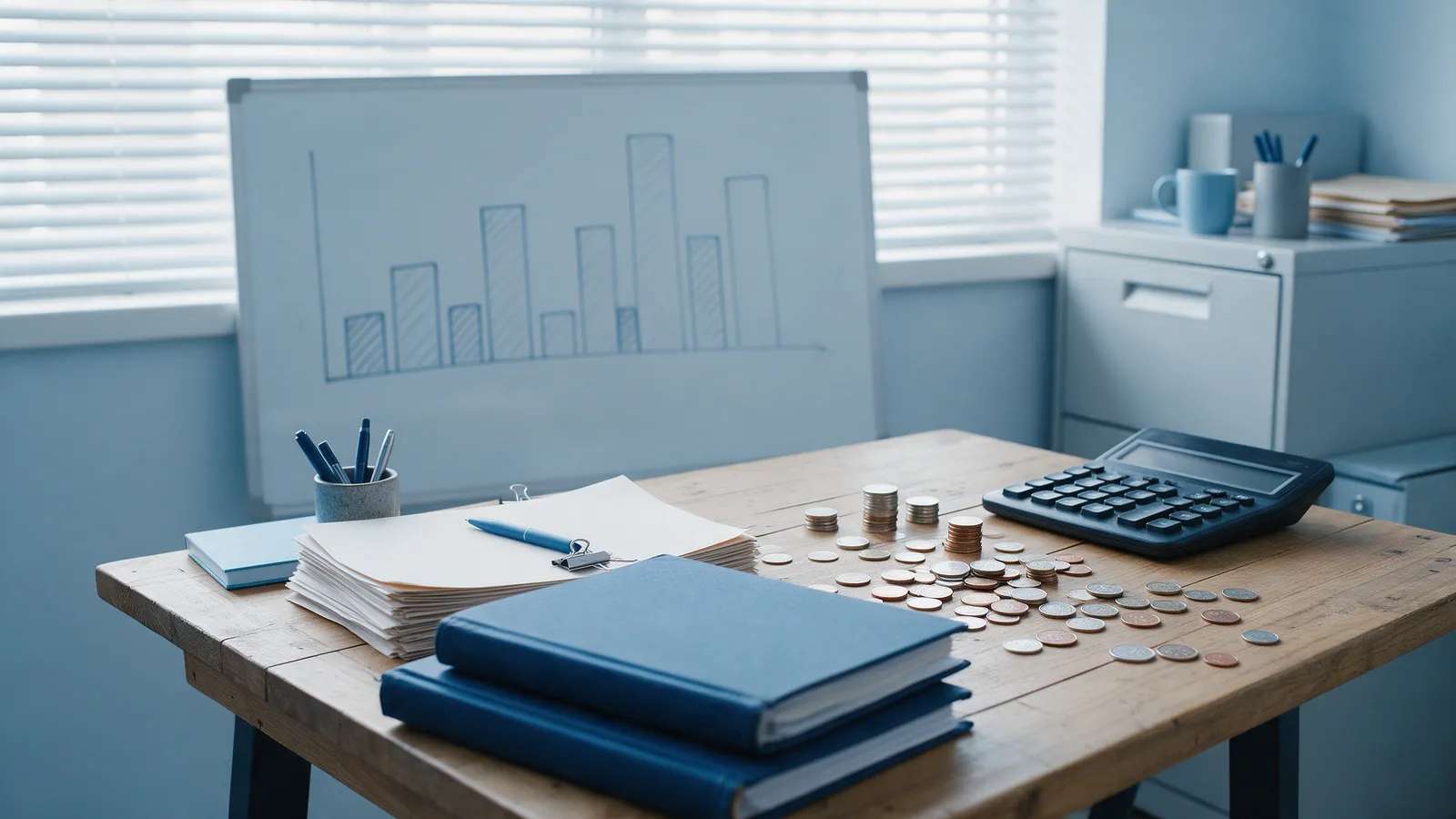 Mesa com calculadora, moedas e gráfico de barras no quadro, caixa da empresa no fim do PIS e da Cofins