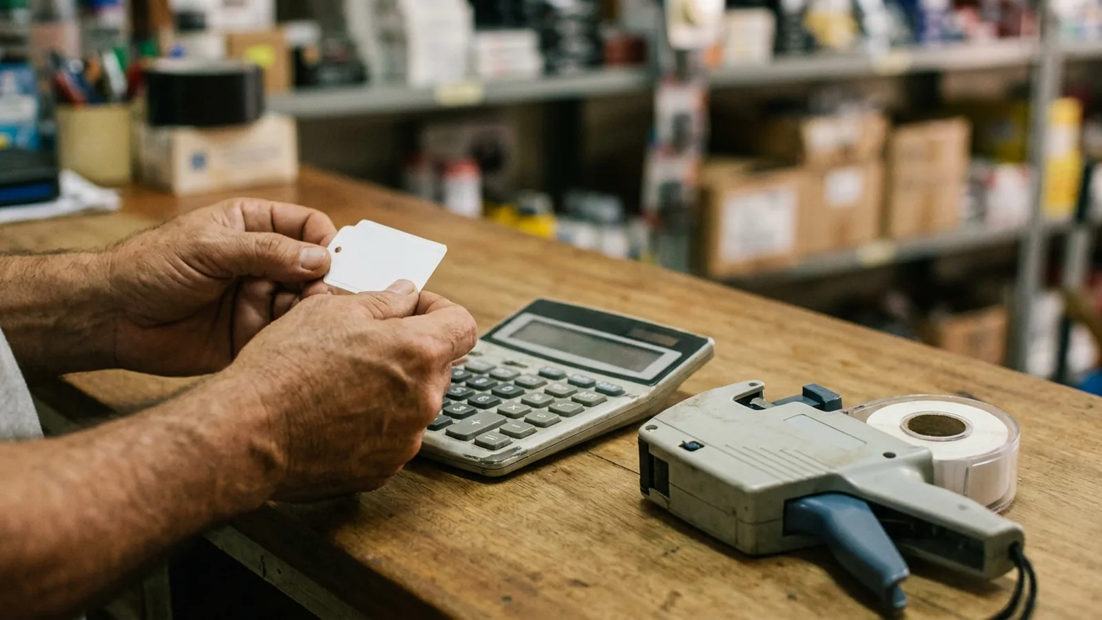 Comerciante confere etiqueta de preço no balcão da loja, ao lado de calculadora e etiquetadora.
